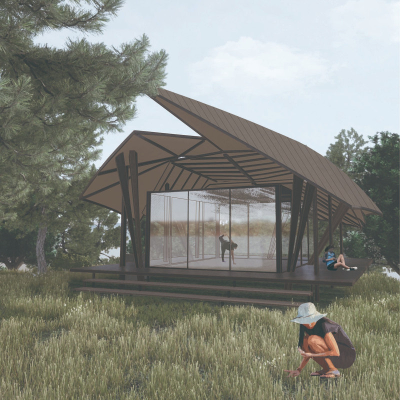 Leaf-Like Roof of Charred Wooden Shingles Over Natural Light-Filled Space for Meditation  