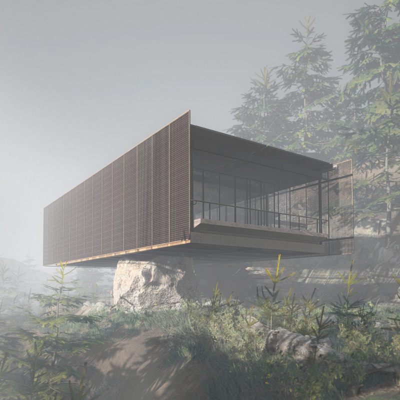 Cantilevered Stone Structure with Cork Flooring and Integrated Rainwater Systems for Wellness Retreat  