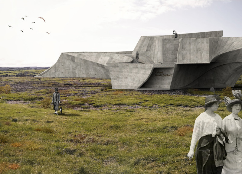 Sculptural Concrete Pavilion with Interactive Rooftop in the Icelandic Landscape  