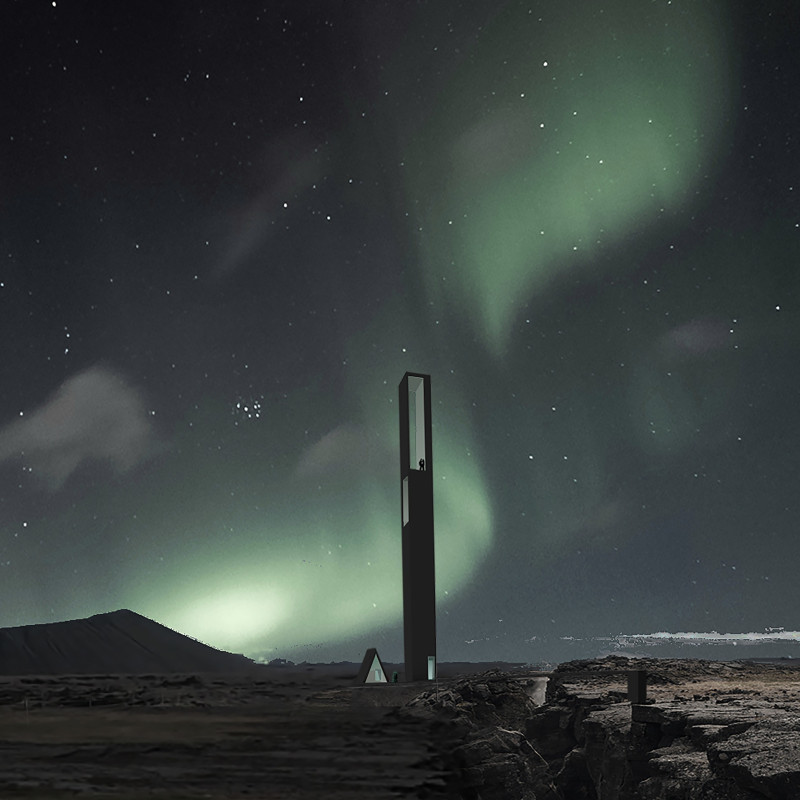 Celestial Observation Tower Showcasing Reinforced Concrete and Steel Integration Amidst Volcanic Landscapes