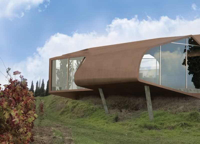 Weathering Steel Pavilion Embracing Golden Hour Views Amidst Rolling Vineyards