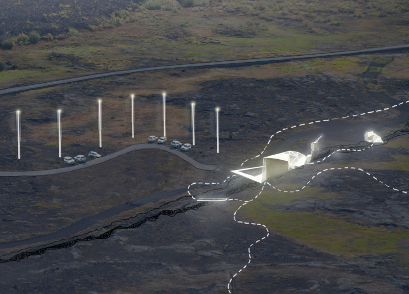 Lava Stone and Aluminum Structure Embracing Tectonic Views in Icelandic Landscape