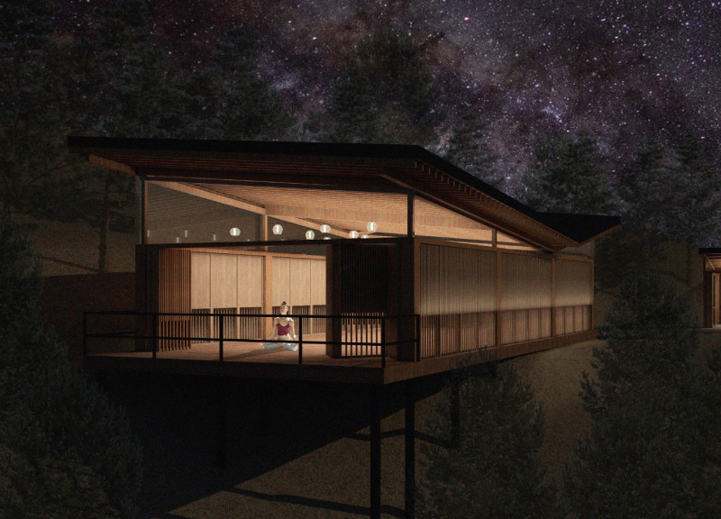 Wellness Retreat with Floating Framework and Sustainable Gabion Structures