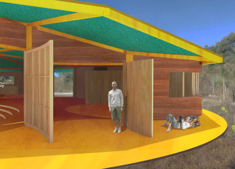 Charred Wooden Shingles and Cross-Laminated Timber Panels in a Dynamic Community Space