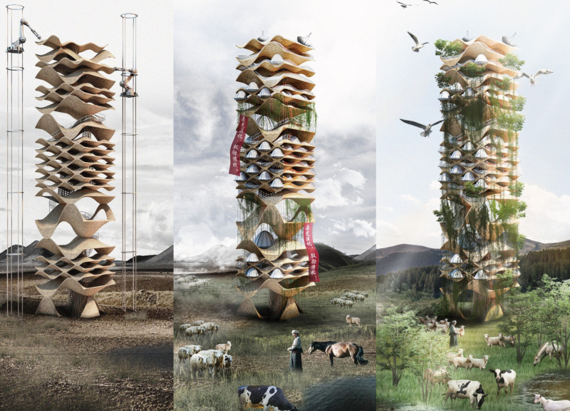 Portable Bamboo Structures with Compressed Earth Blocks in a Desert Landscape
