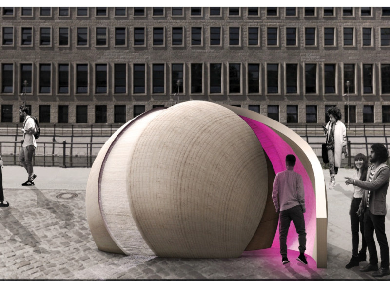 Curved Concrete Shell Featuring Laminated Wood Entrance for Community Engagement  