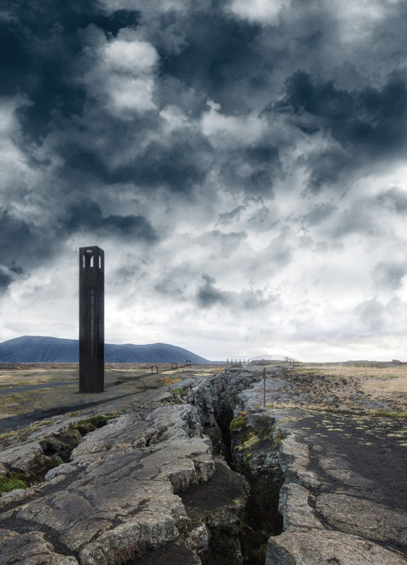 Geothermal Observation Tower Featuring Carbondized Wood and Natural Stone Integration  
