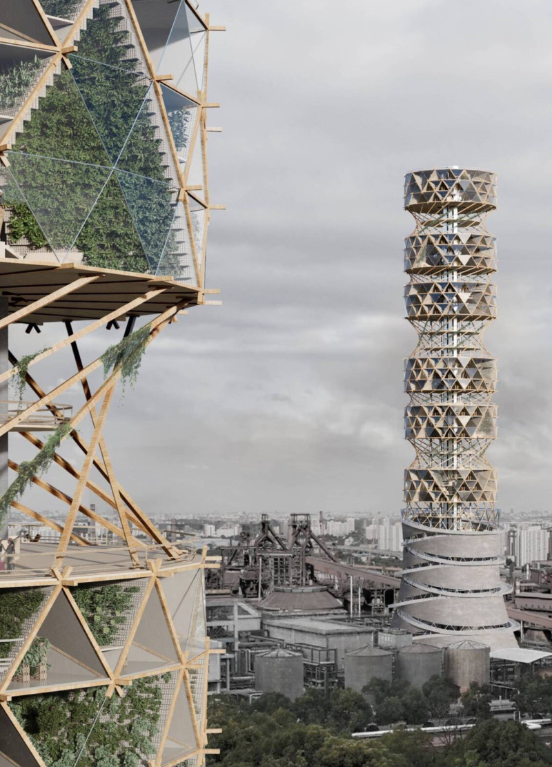 Triangular Glass Facade with Timber Framework Supporting Vertical Agriculture in an Urban Setting
