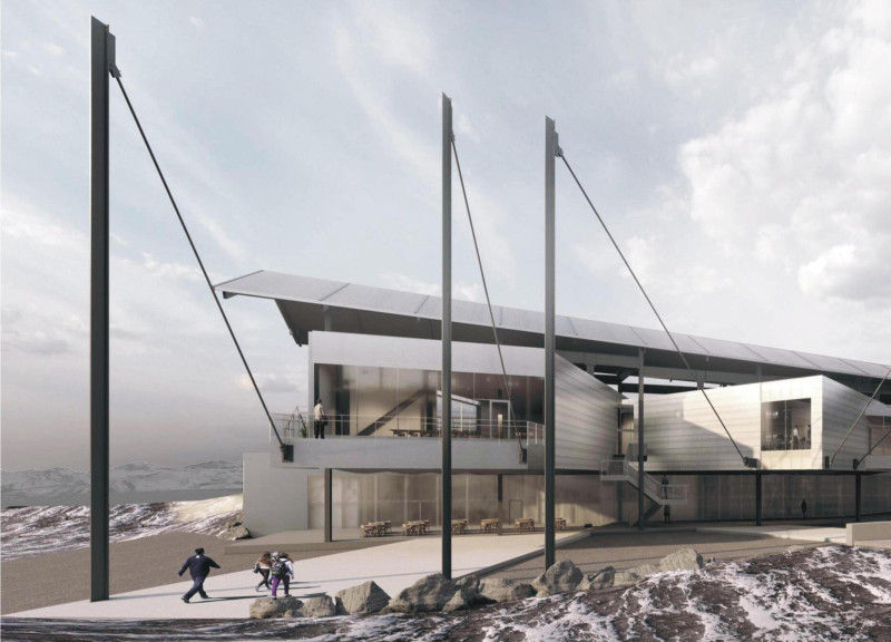Tension Cable Structure Enveloped in Charred Wood and Expansive Glass Overlooking Volcanic Landscapes  