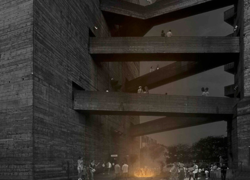 Charred Brick Facade With Cantilevered Balconies Supporting Community Engagement Spaces  