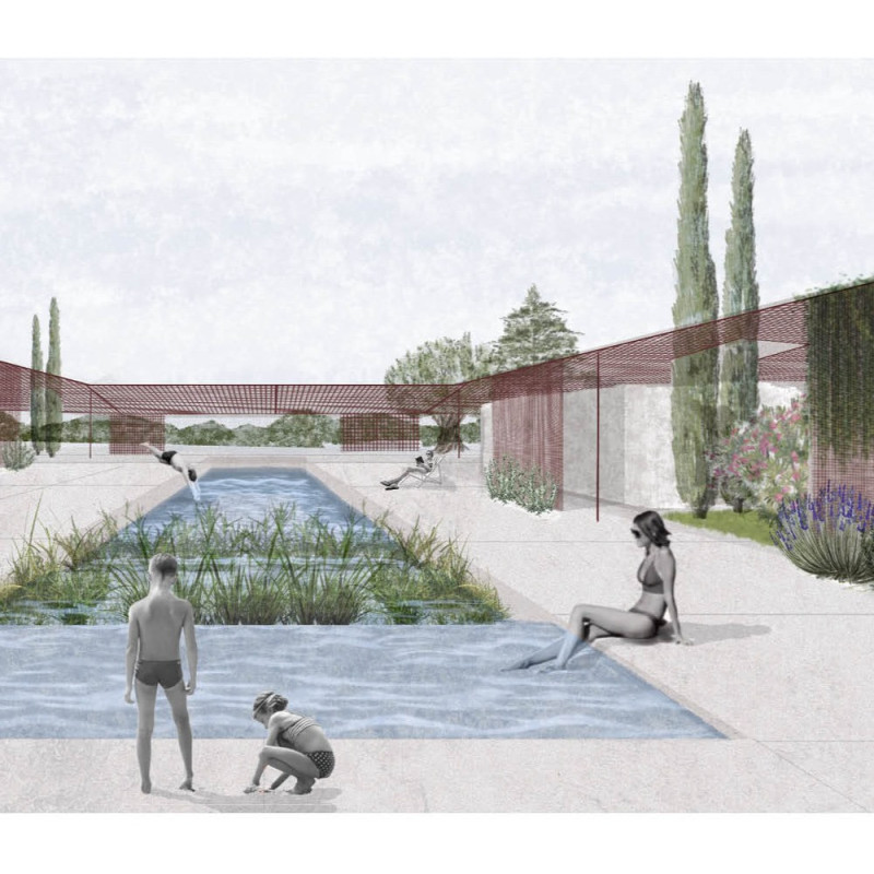 Perforated Steel Canopy Enhancing Community Connection Amidst Natural Stone and Terracotta Elements