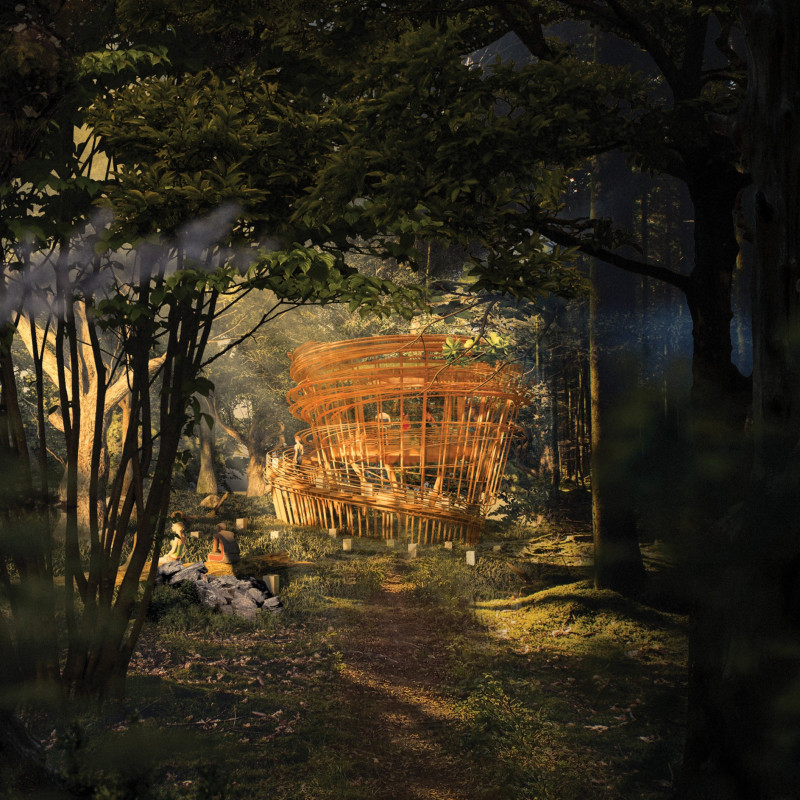 Spiral Timber Retreat with Glass Façade and Natural Ventilation