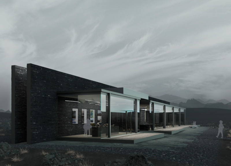 Volcanic Slate and Glass Structure Nestled in Iceland's Rugged Landscape  
