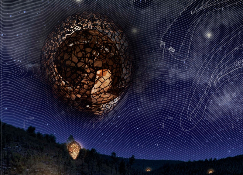 Biomimetic Structure Supported By Stilt Construction Using Charred Wood Shingles and Glass Elements