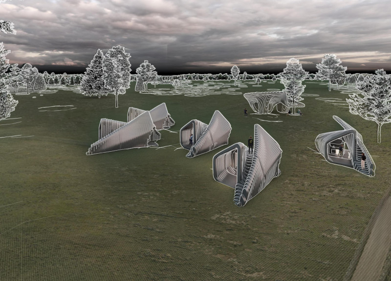 Geopolymer Structures Embracing Nature Through Processed Bark and Floating Units in a Serene Latvian Setting
