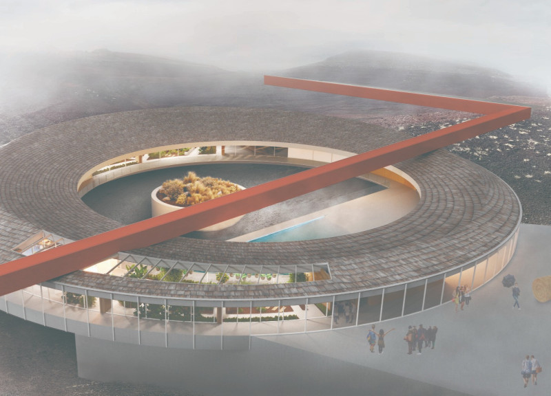 Geothermal Wellness Retreat With Cor-Ten Steel Accents and a Circular Form  