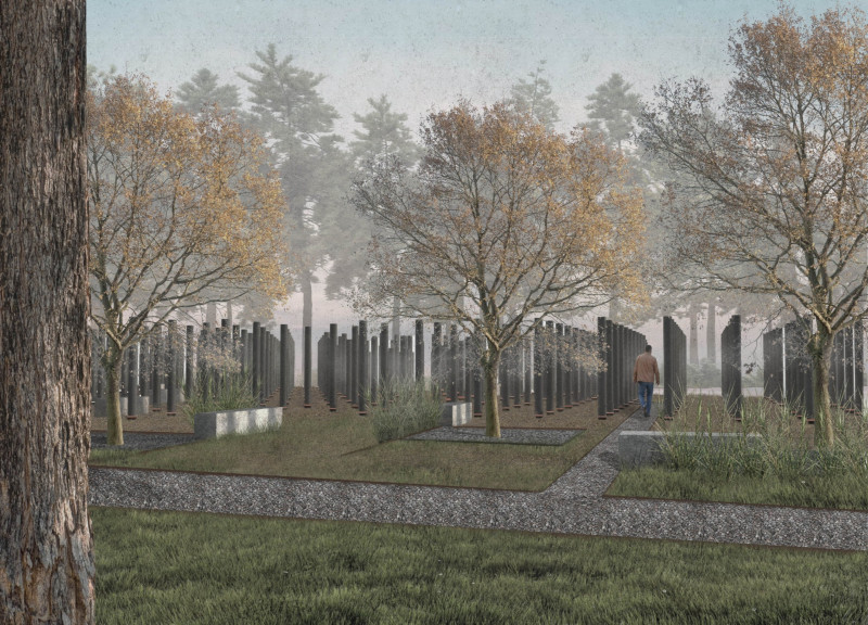 Forest of Steel Columns Creating Reflective Spaces for Community Remembrance
