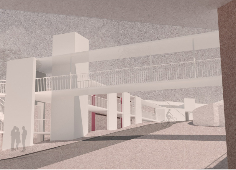 Skybridge Over Terraced Gardens with Local Stone and Steel Framework for a Winery Experience  