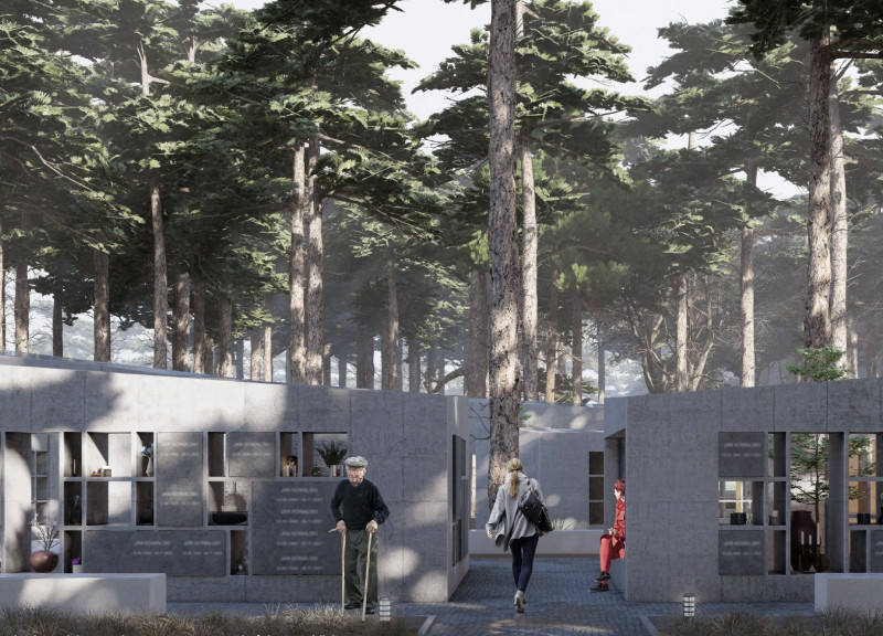 Eternal Copper Sculpture Framed by Concrete Pavilions in a Reflective Columbarium Environment