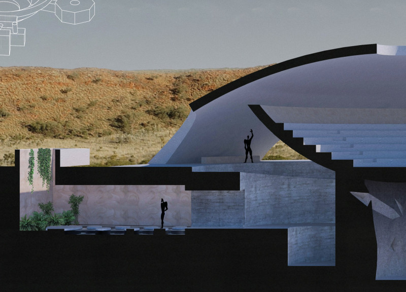Charred Wooden Shingles and Reinforced Concrete Define a Reflective Space at the Crater