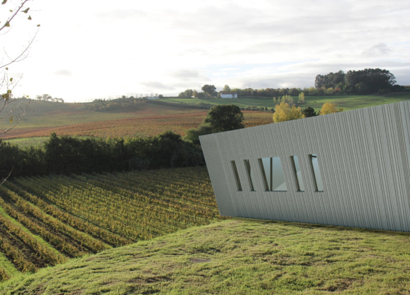 Social Gathering Space Featuring Weathered Timber and Angled Roof Design in a Vineyard Setting  