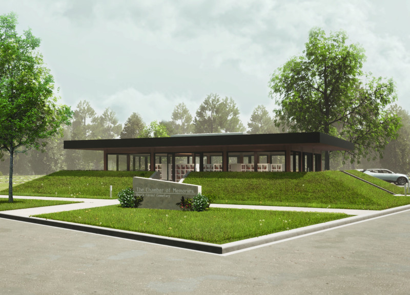 Memorial Space Featuring Cross-Laminated Timber Panels and Charred Wooden Shingles in a Serene Natural Setting