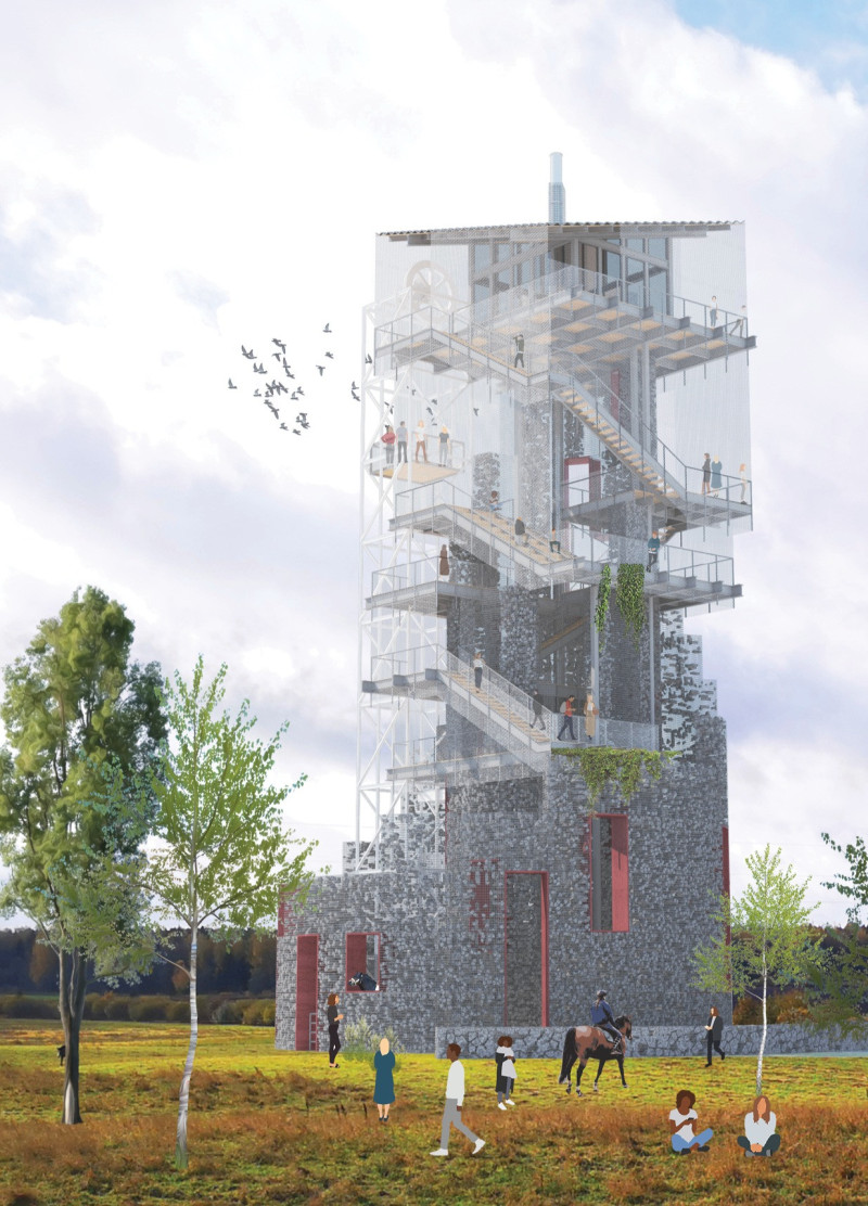 Gabion-Enhanced Structure with Metal Mesh Roofing Serving as an Observation Hub  