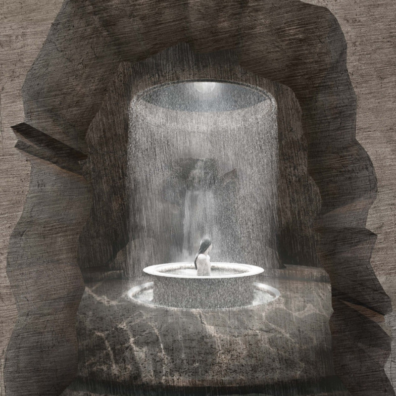 Cavernous Stone Retreat Featuring Evaporative Water Elements Under Natural Desert Light