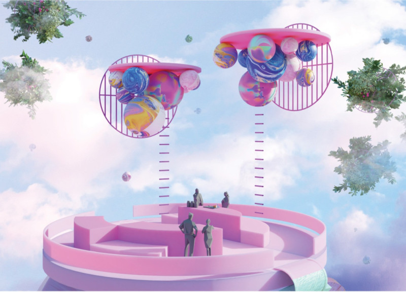 Cloud-Balloons Enhance Digital Connectivity Within A Cozy Circular Space Built With Warm Wood Textures  