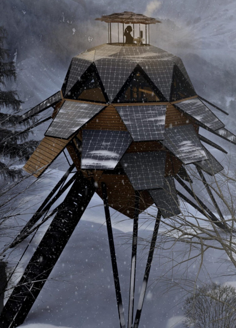 Charred Wooden Shingles and Diagrid Structure Creating a Sustainable Retreat for Forest Guardians  