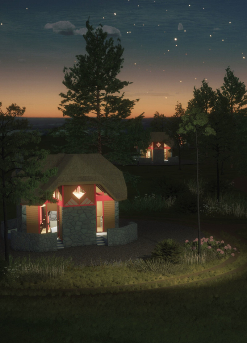 Circular Cabins with Thatch Roofing and Natural Stone Facades for Rural Retreat