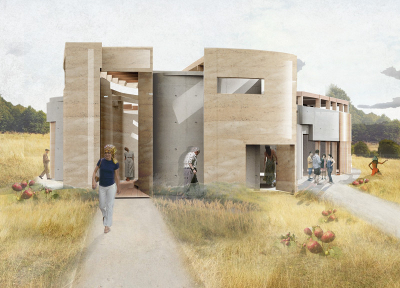 Rammed Earth Community Hub With Spiraled Layout and Natural Light Integration