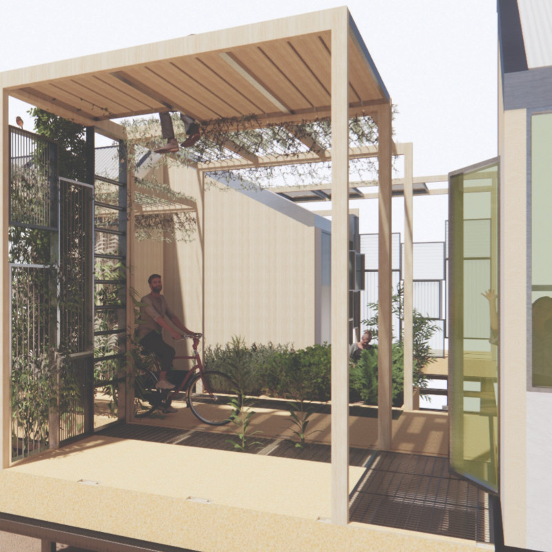 Translucent Shelters with Weather-Resistant Fabric and Modular Timber Louvres for Community Living