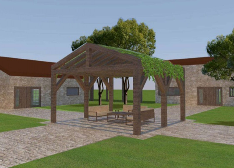 Eco-Friendly Pavilion Crafted with Natural Stone and Walnut Finishes for Community Engagement  