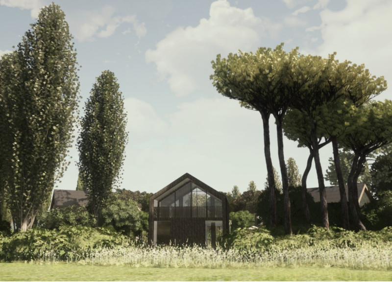 Charred Wooden Shingles And Laminated Timber Frame Within A Serene Vineyard Setting