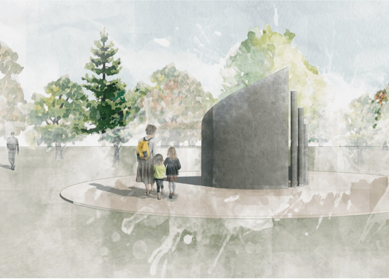 Reflective Granite Memorial With Concrete Columns Amidst Emphasized Collective Remembrance