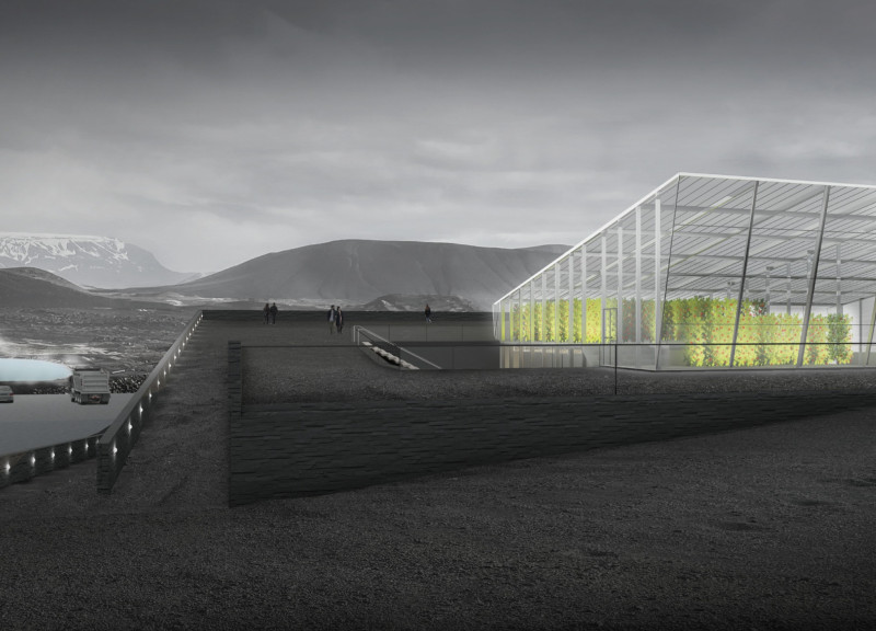 Basalt Clad Green Roof Structure Emphasizing Local Agriculture and Community Engagement