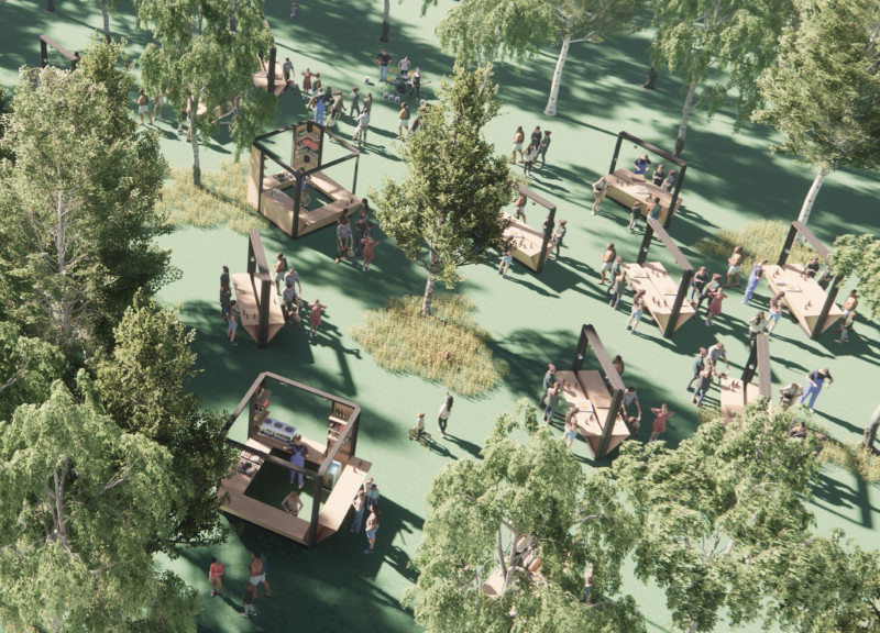 Charred Wooden Shingles and Cross-Laminated Timber Panels Shape Flexible Outdoor Community Spaces  