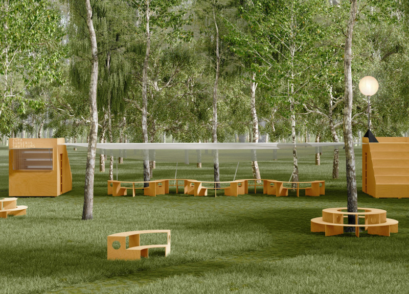 Curvilinear Spaces Wrapped in Birch Plywood and Vibrant Colors for Communal Dining