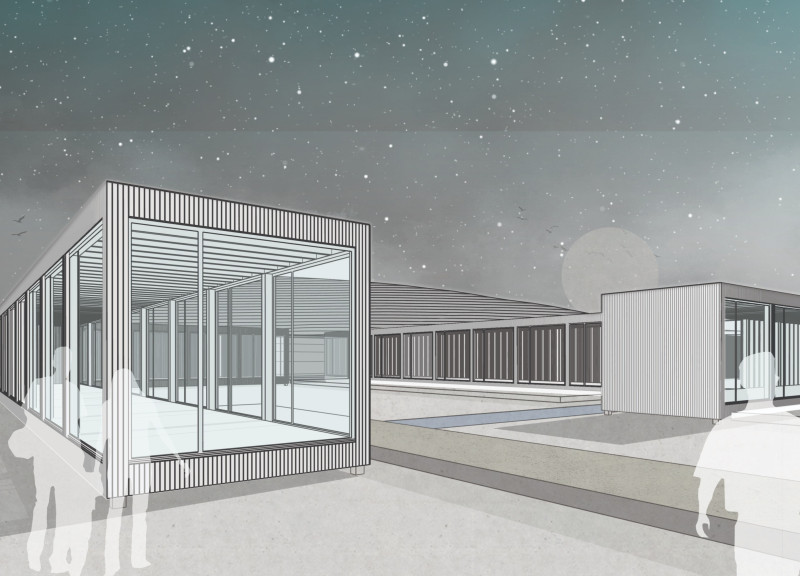 Lava-Inspired Modular Structure Featuring Local Wood and Expansive Glass Elements for Community Engagement