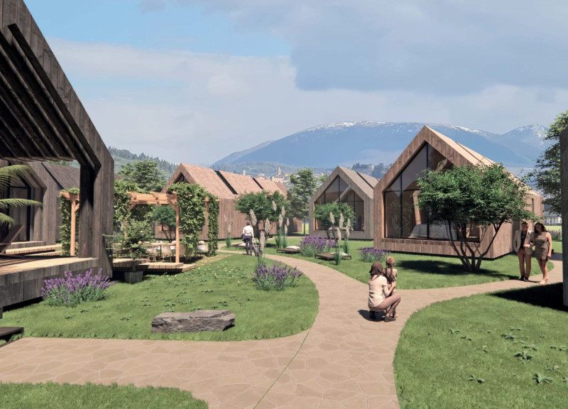 Charred Wood Shingles Create Harmonious Community Residences Nestled in a Vineyard Landscape