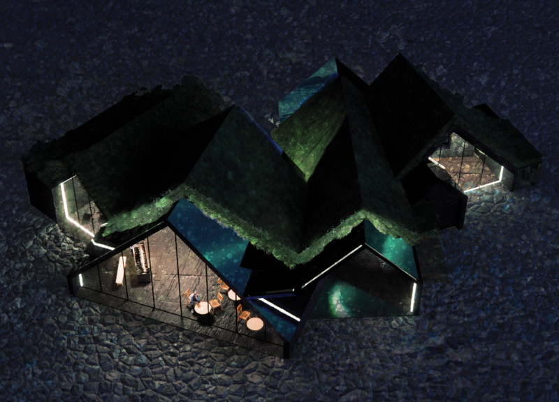 Turf Roof Structure Blending Vegetation and Volcanic Stone With Community Gathering Spaces