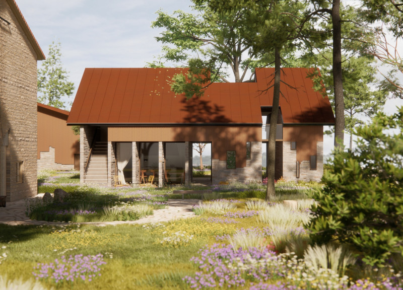 Charred Wooden Shingles and Stone Walls Create Connected Guest Homes Embraced by Nature  
