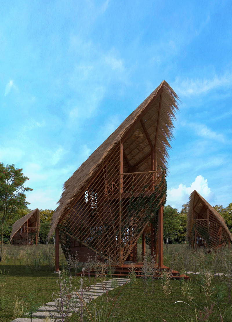 Bamboo Framework with Thatched Roofs Emphasizing Community Living in Rural Cambodia