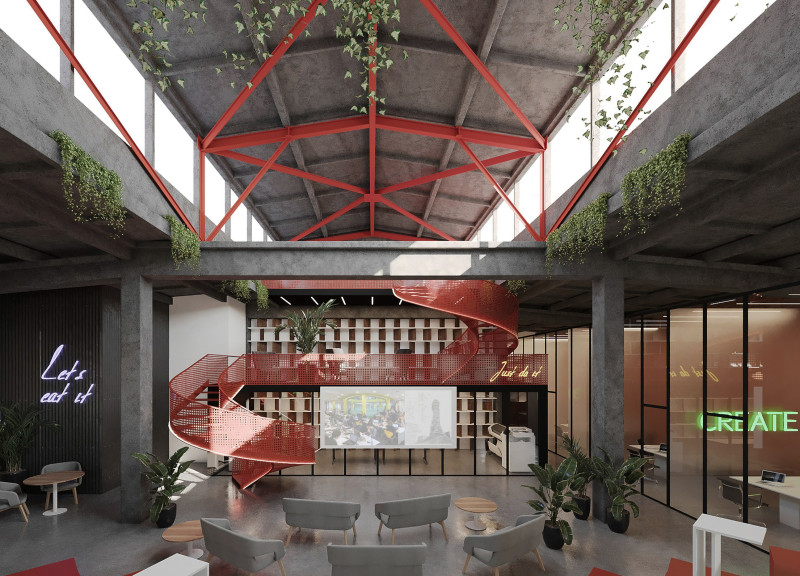 Spiral Steel Staircase and Biophilic Design in a Versatile Urban Workspace