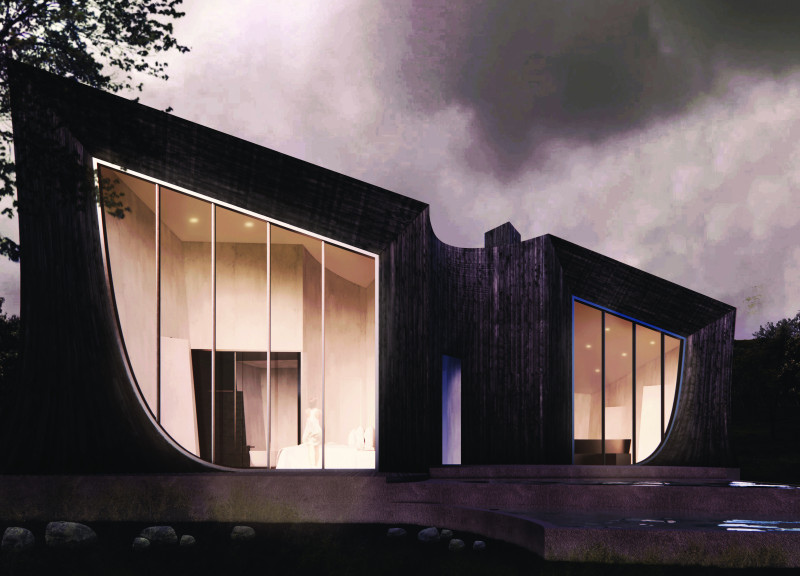 Curvilinear Design With Black Wood Cladding Nestled in a Forest Retreat  