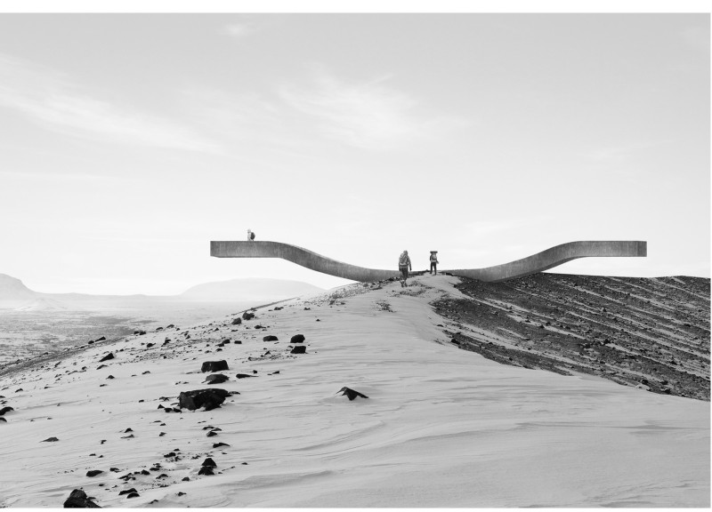 Curvilinear Concrete Platforms Nestled Amid Volcanic Landscape