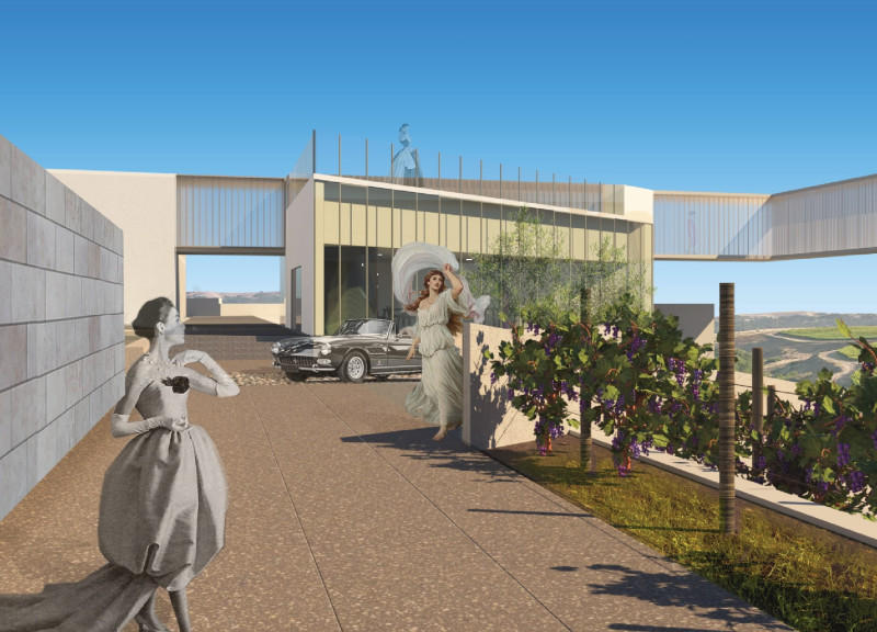 Terraced Concrete Structure Featuring Local Wood Elements Nestled in a Vineyard Setting