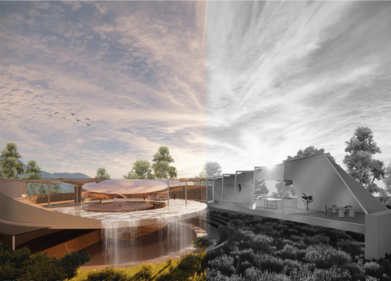 Circular Design Featuring Charred Wood And Reinforced Concrete Nestled In A Natural Landscape