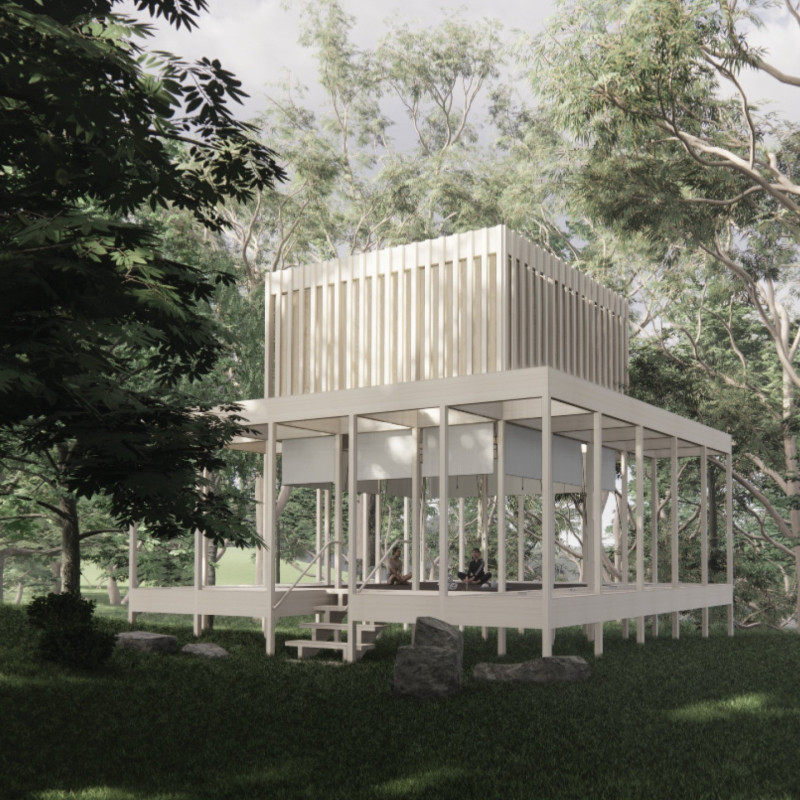 Lattice Roof Cabin Constructed From Natural Timber Within Forest Sanctuary